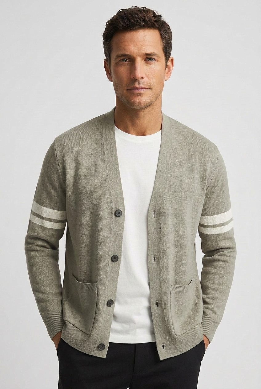 Classic V-Neck Cotton Cardigan with Striped Sleeves