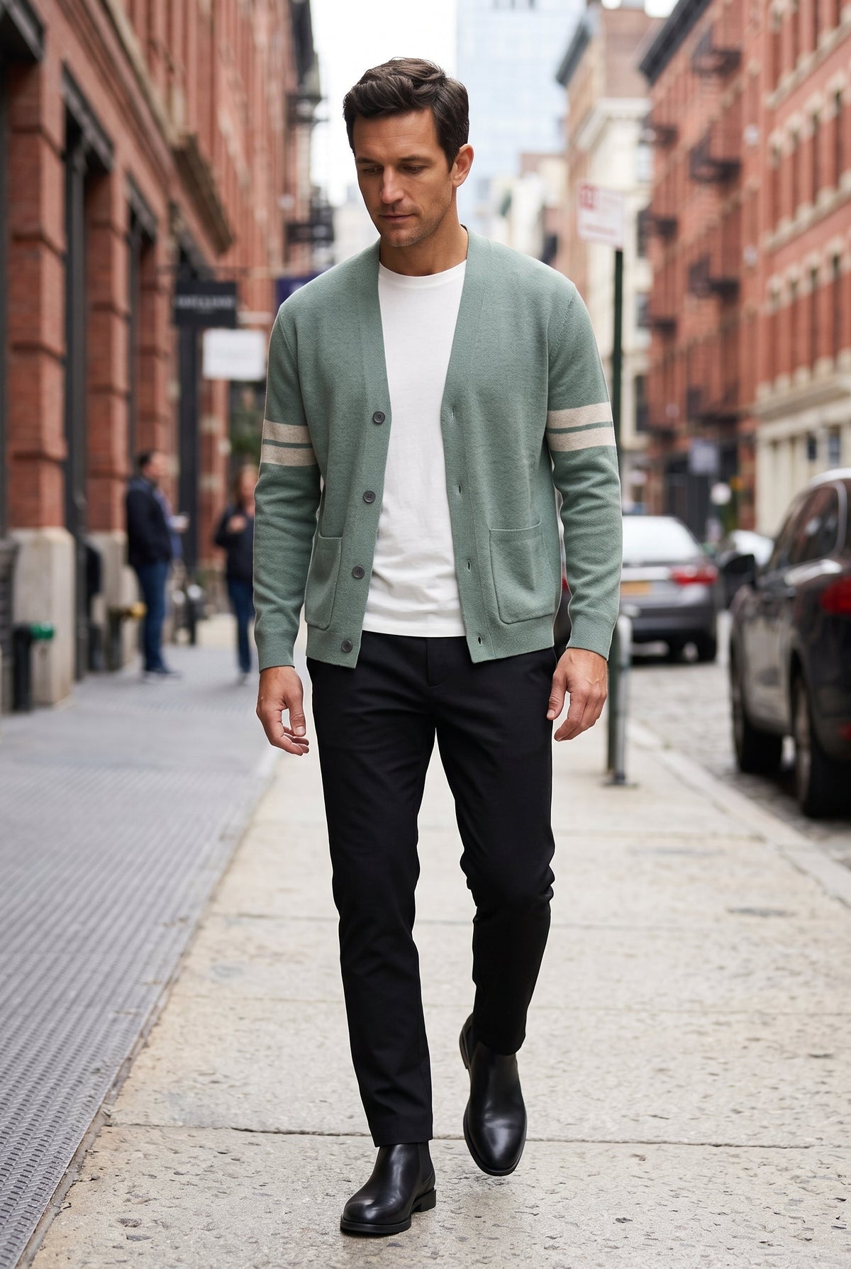 Classic V-Neck Cotton Cardigan with Striped Sleeves