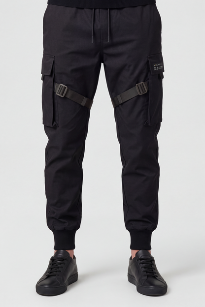Casual Cotton Cargo Pants with Strap Buckle and Elastic Cuffs