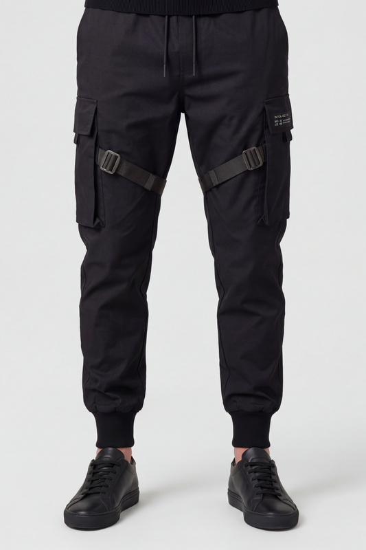 Casual Cotton Cargo Pants with Strap Buckle and Elastic Cuffs