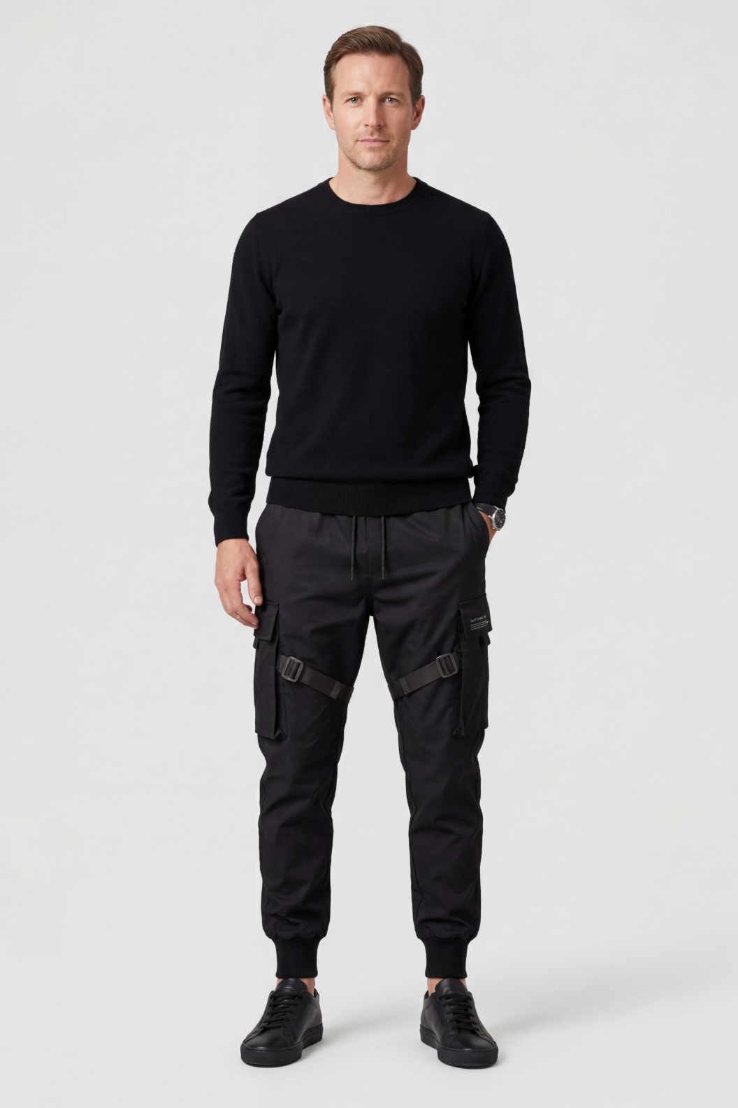 Casual Cotton Cargo Pants with Strap Buckle and Elastic Cuffs