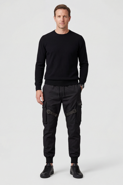 Casual Cotton Cargo Pants with Strap Buckle and Elastic Cuffs