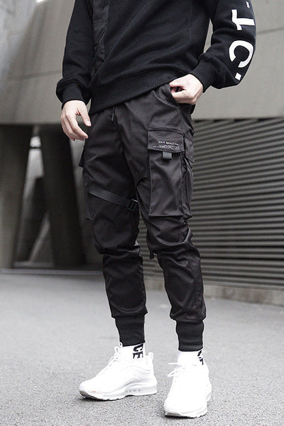 Casual Cotton Cargo Pants with Strap Buckle and Elastic Cuffs