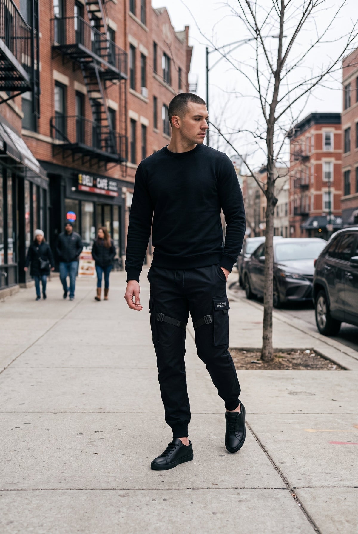 Casual Cotton Cargo Pants with Strap Buckle and Elastic Cuffs