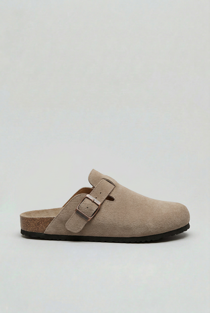 Classic Leather Buckle Strap Clogs in Beige
