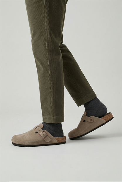 Classic Leather Buckle Strap Clogs in Beige