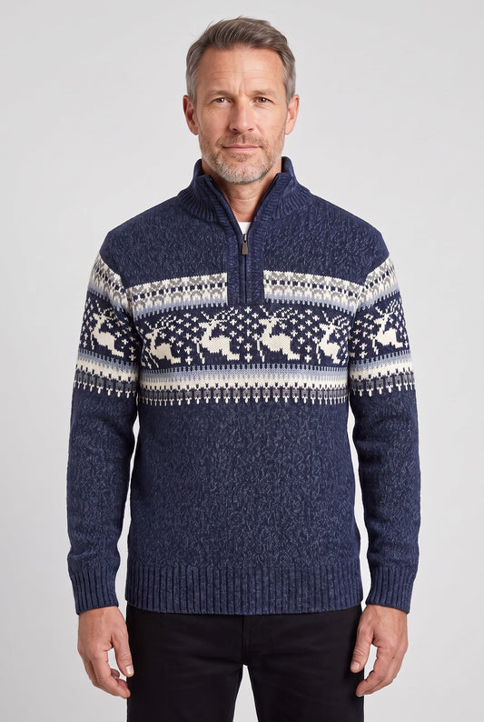 Classic Fair Isle Quarter Zip Sweater with Stand Collar