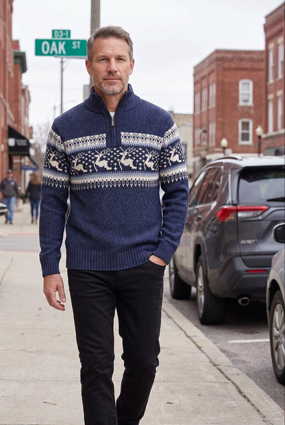 Classic Fair Isle Quarter Zip Sweater with Stand Collar