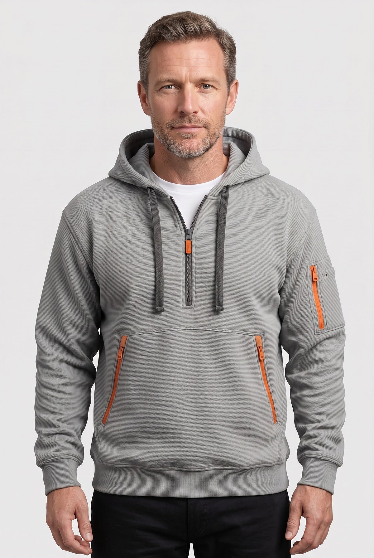 Casual Cotton Quarter Zip Hoodie with Zipped Pockets
