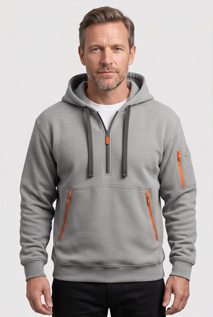 Casual Cotton Quarter Zip Hoodie with Zipped Pockets
