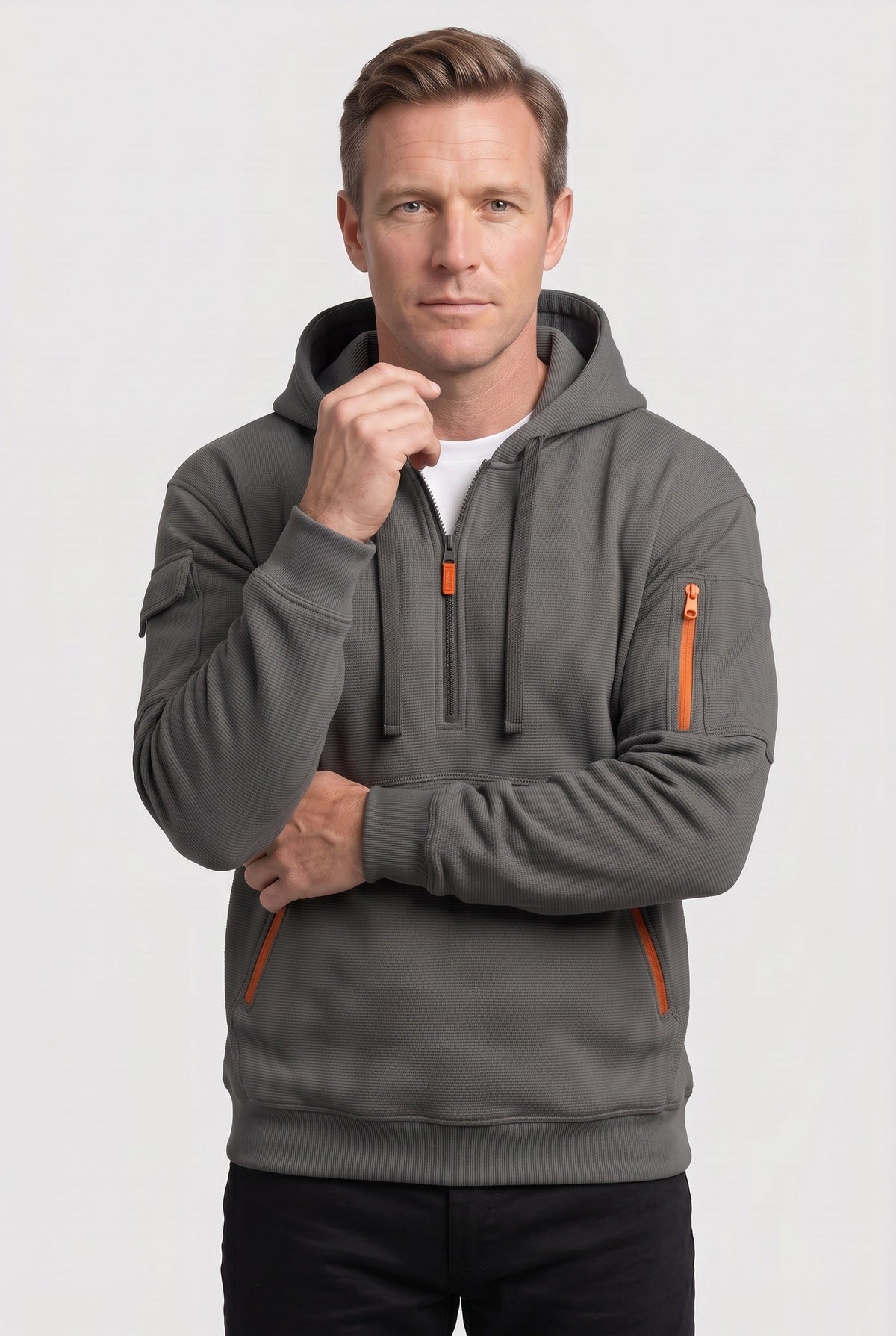 Casual Cotton Quarter Zip Hoodie with Zipped Pockets