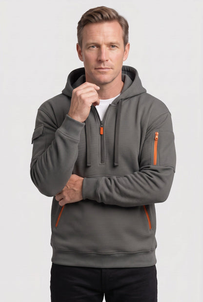 Casual Cotton Quarter Zip Hoodie with Zipped Pockets