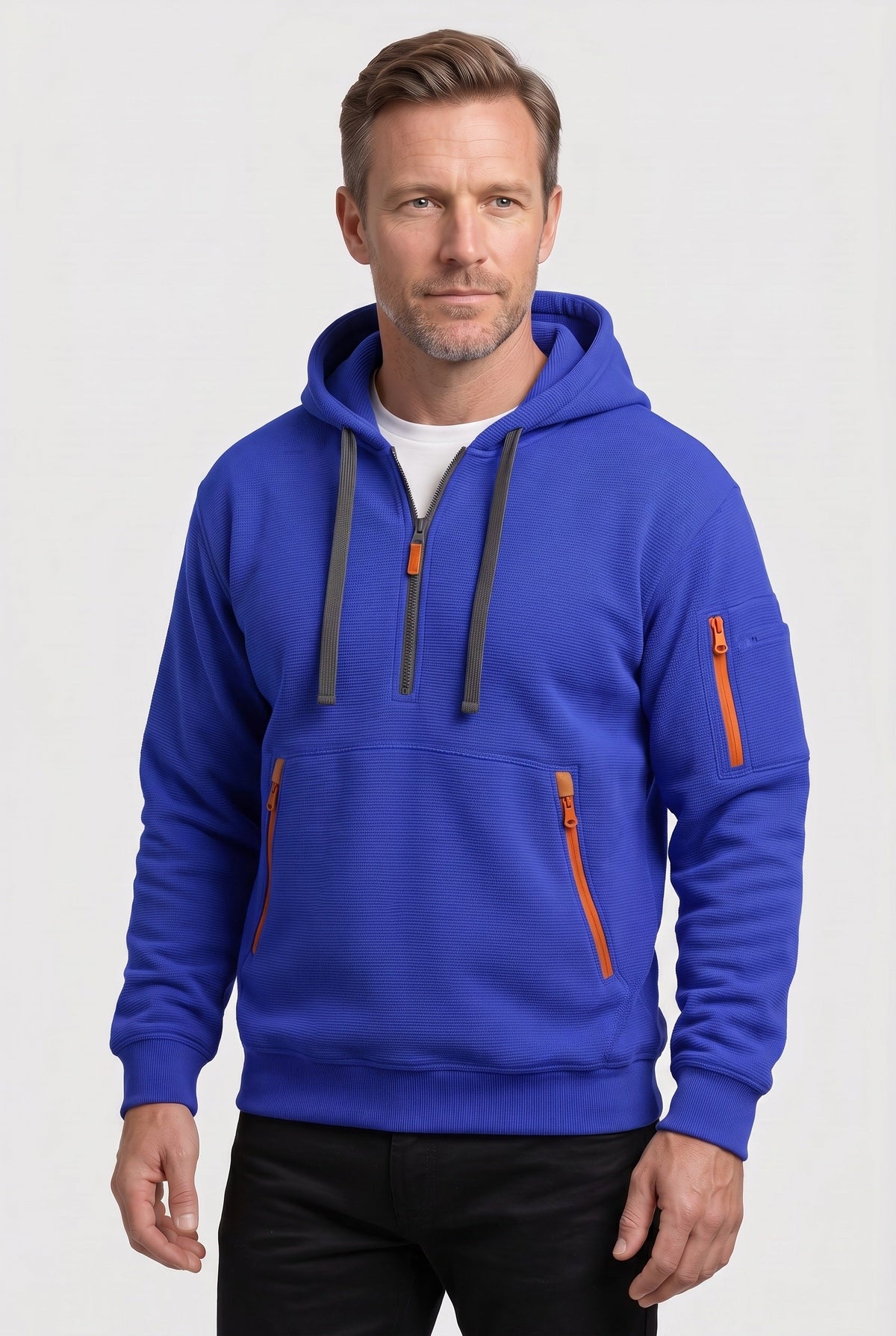 Casual Cotton Quarter Zip Hoodie with Zipped Pockets