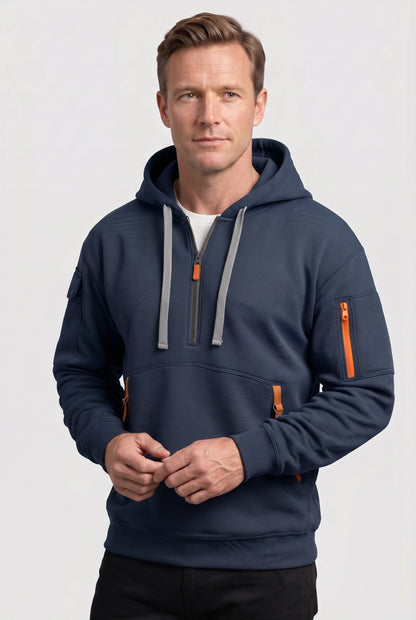 Casual Cotton Quarter Zip Hoodie with Zipped Pockets