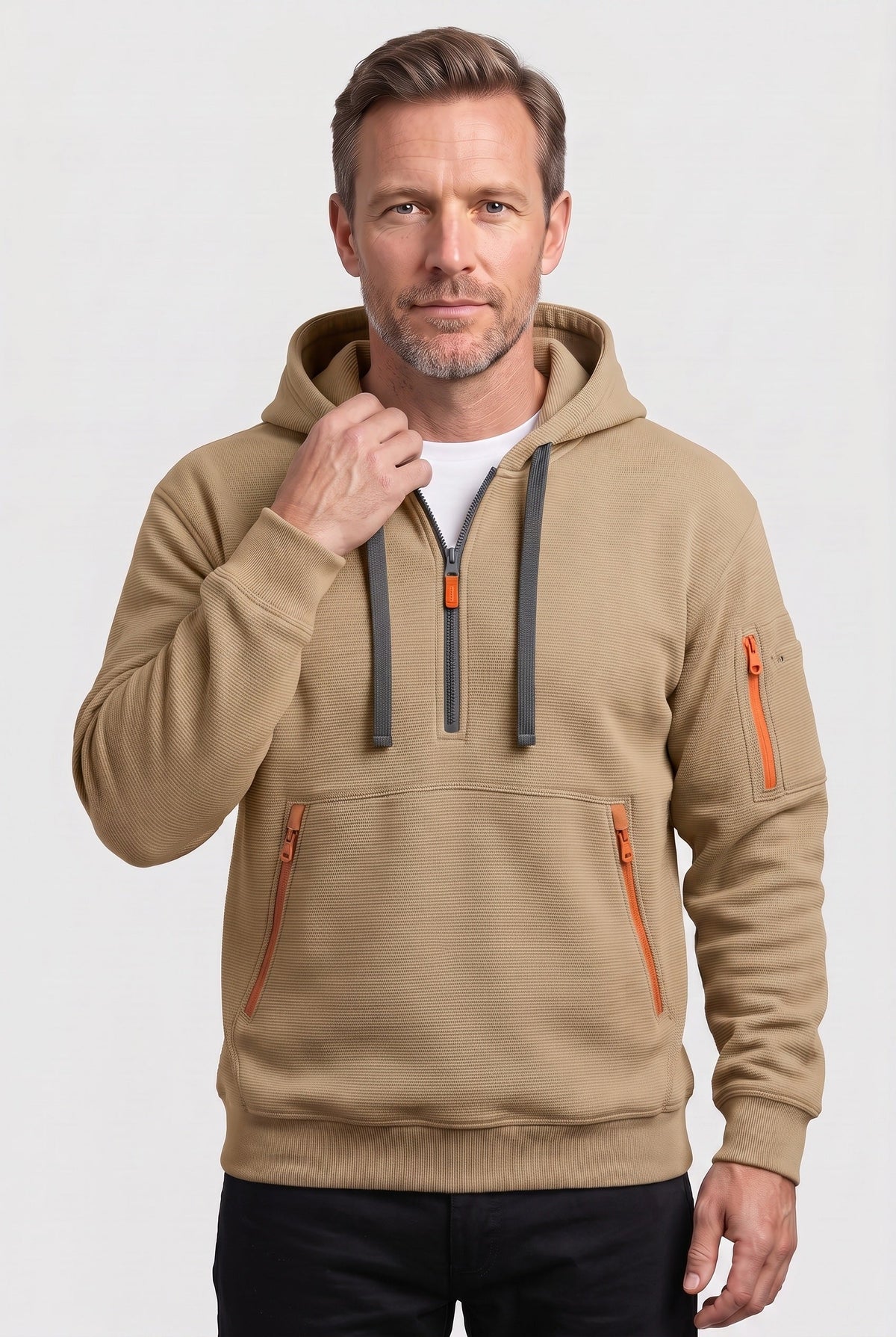 Casual Cotton Quarter Zip Hoodie with Zipped Pockets