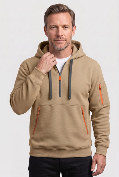 Casual Cotton Quarter Zip Hoodie with Zipped Pockets