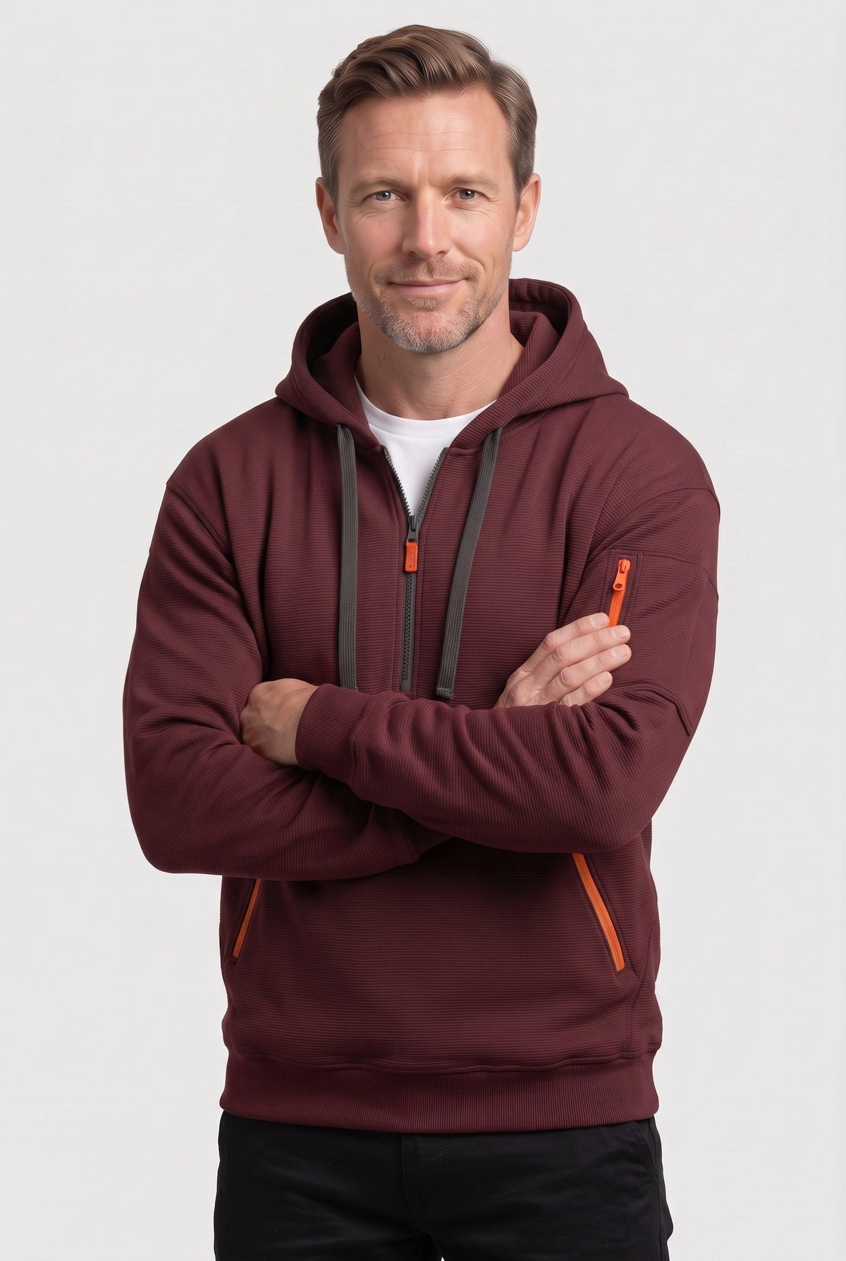 Casual Cotton Quarter Zip Hoodie with Zipped Pockets