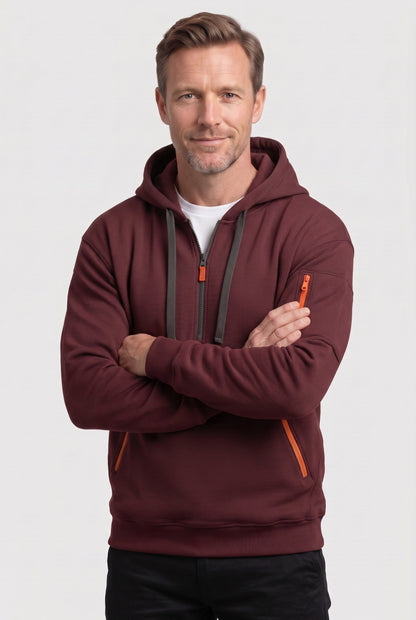 Casual Cotton Quarter Zip Hoodie with Zipped Pockets