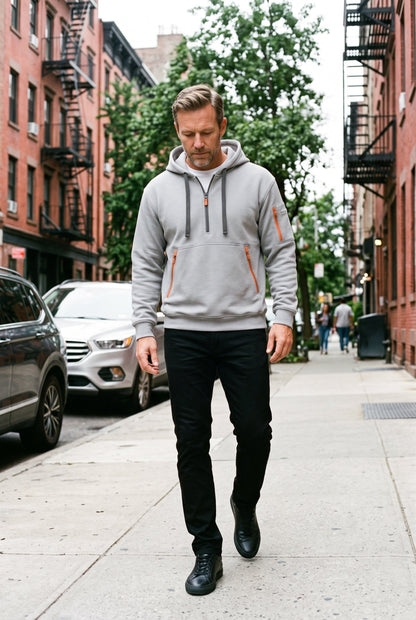 Casual Cotton Quarter Zip Hoodie with Zipped Pockets