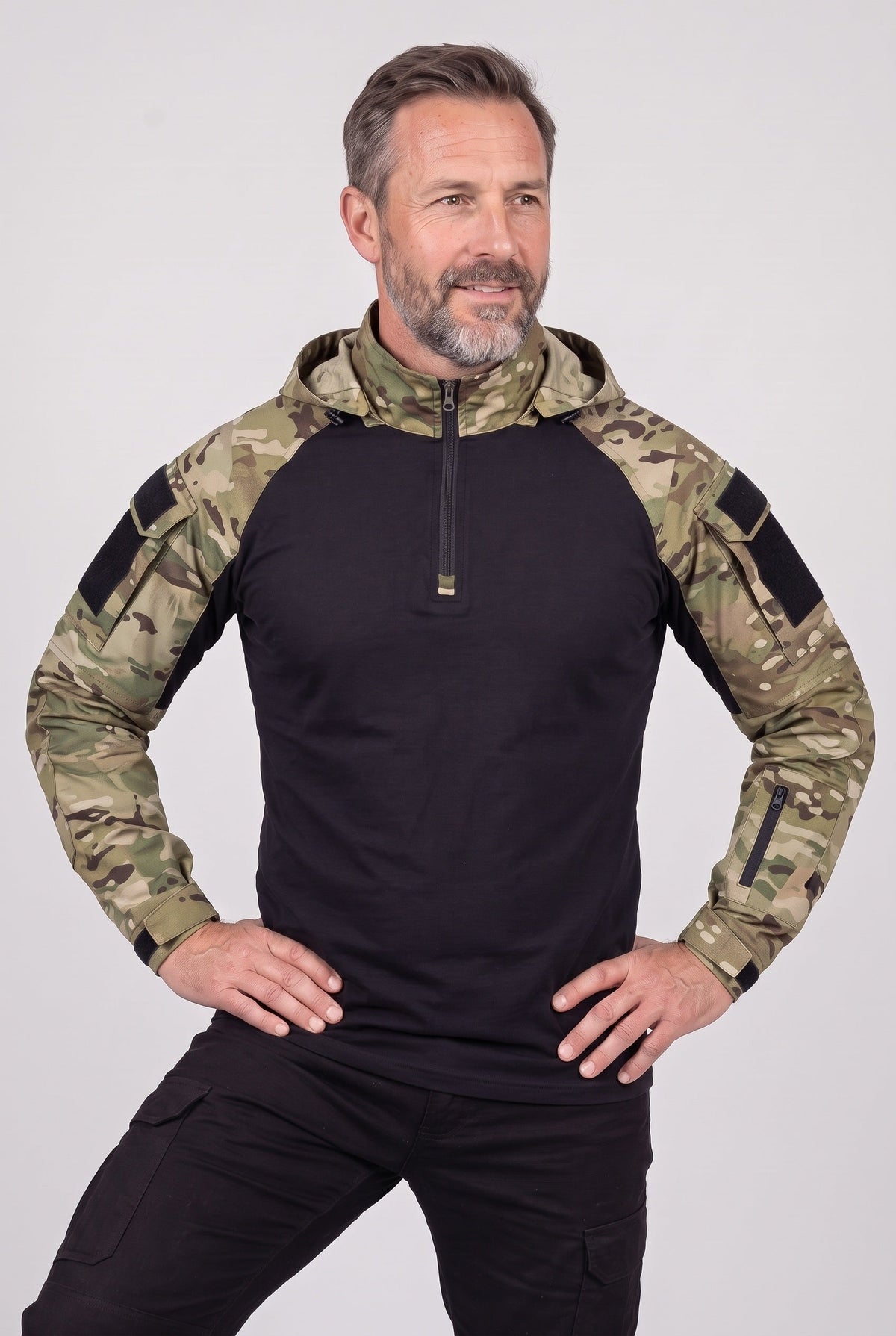 Sporty Hooded Tactical Quarter Zip Jacket