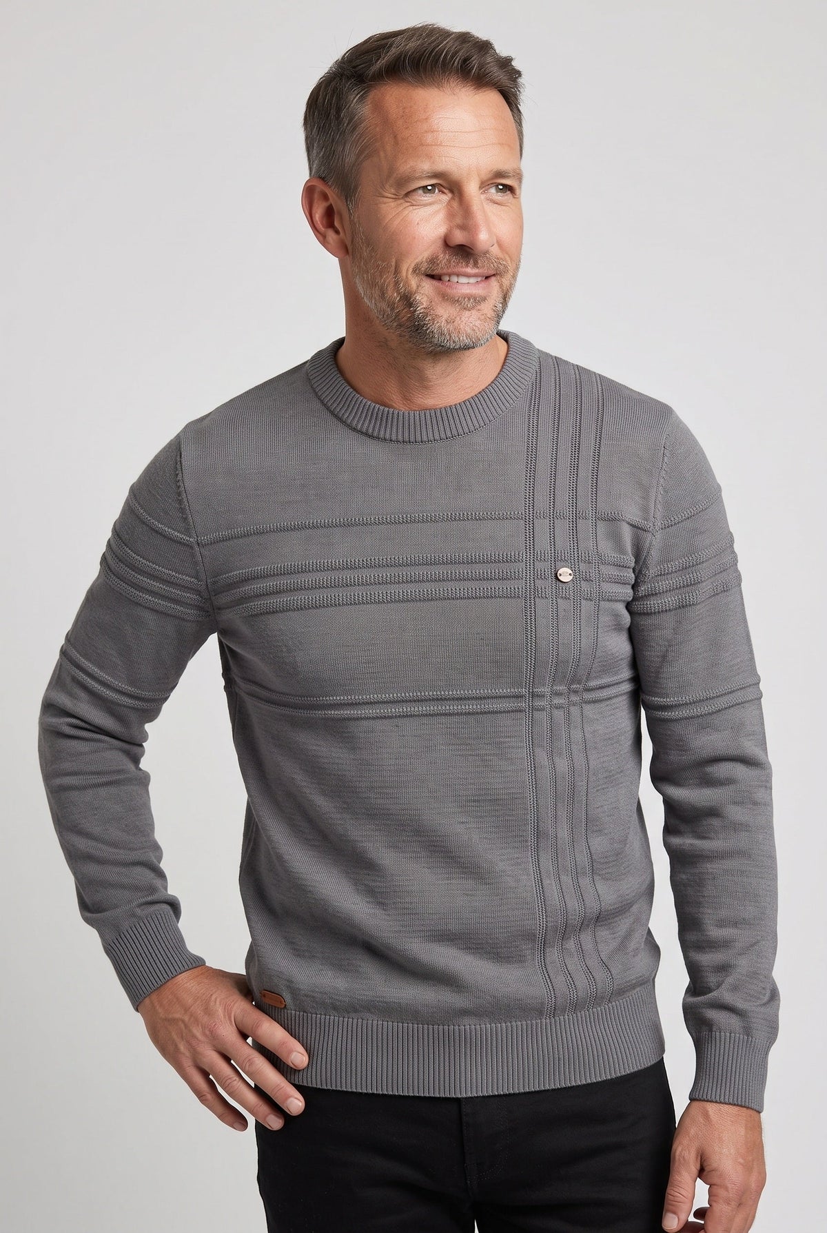 Classic Knit Crew Neck Sweater with Textured Stripe