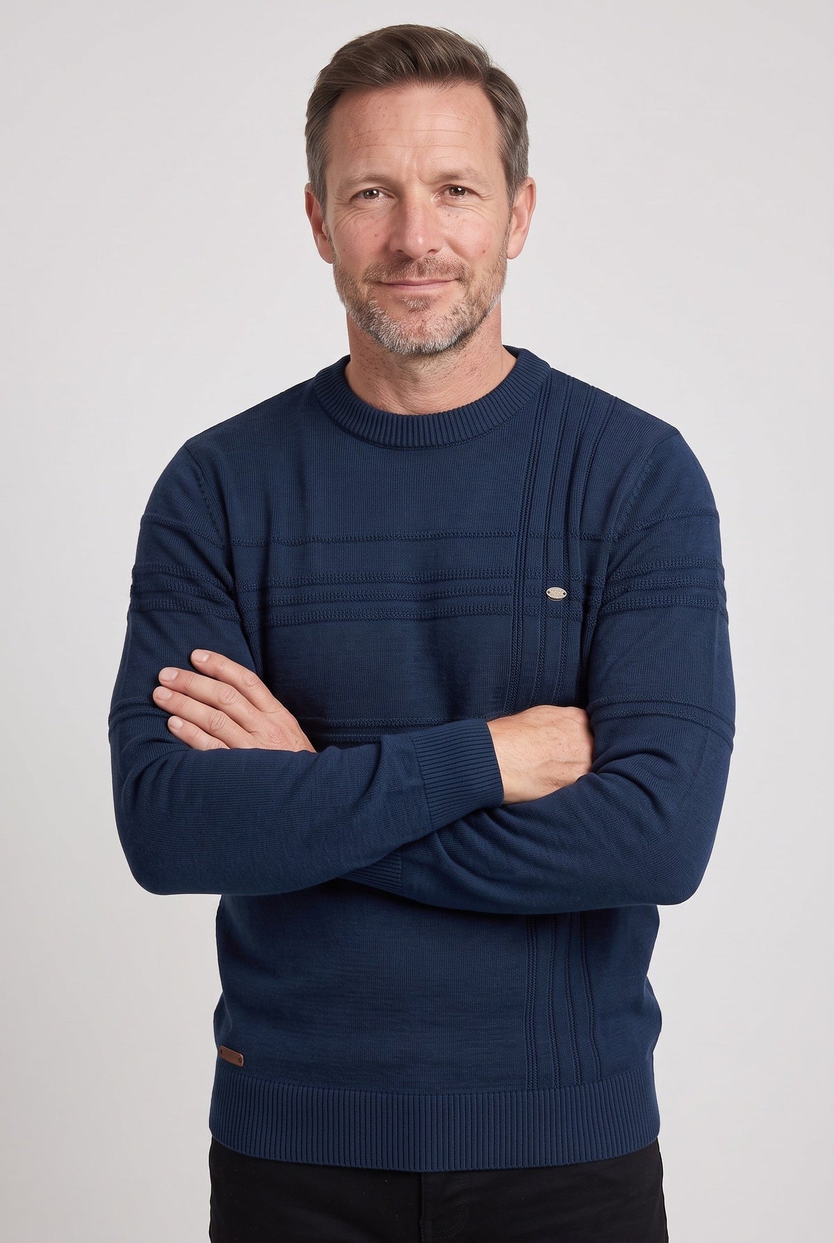 Classic Knit Crew Neck Sweater with Textured Stripe