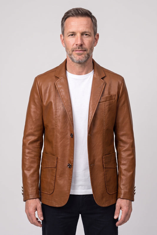 Classic Leather-Look Notch Lapel Two-Button Jacket