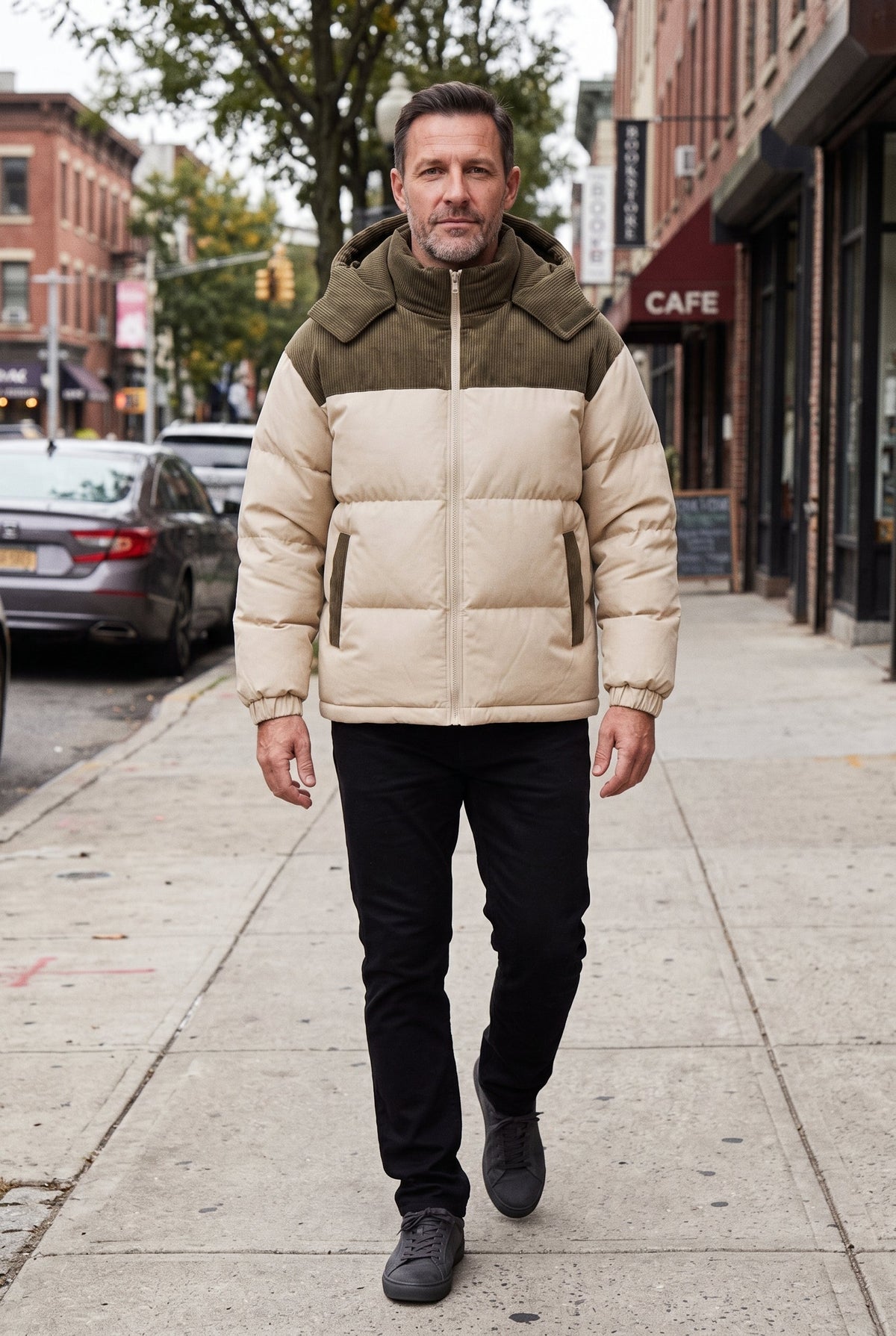 Casual Hooded Puffer Jacket with Ribbed Yoke