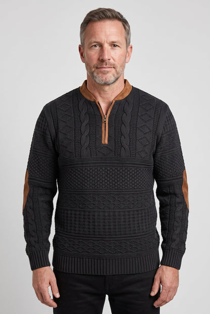 Classic Cable Knit Quarter Zip Sweater with Elbow Patches