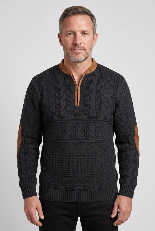 Classic Cable Knit Quarter Zip Sweater with Elbow Patches