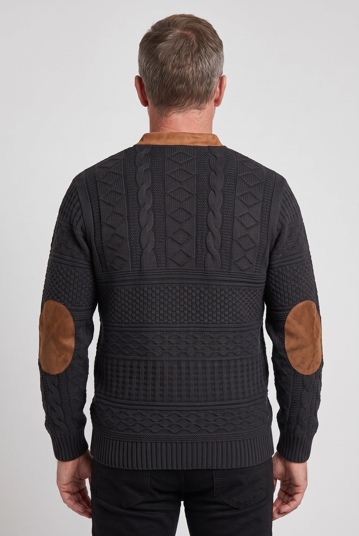 Classic Cable Knit Quarter Zip Sweater with Elbow Patches