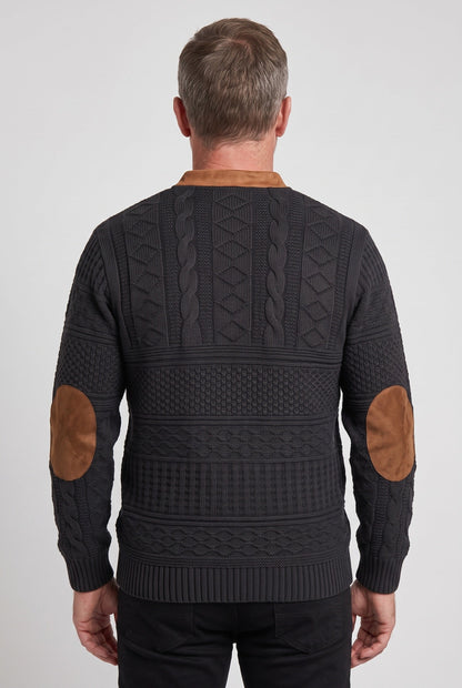 Classic Cable Knit Quarter Zip Sweater with Elbow Patches