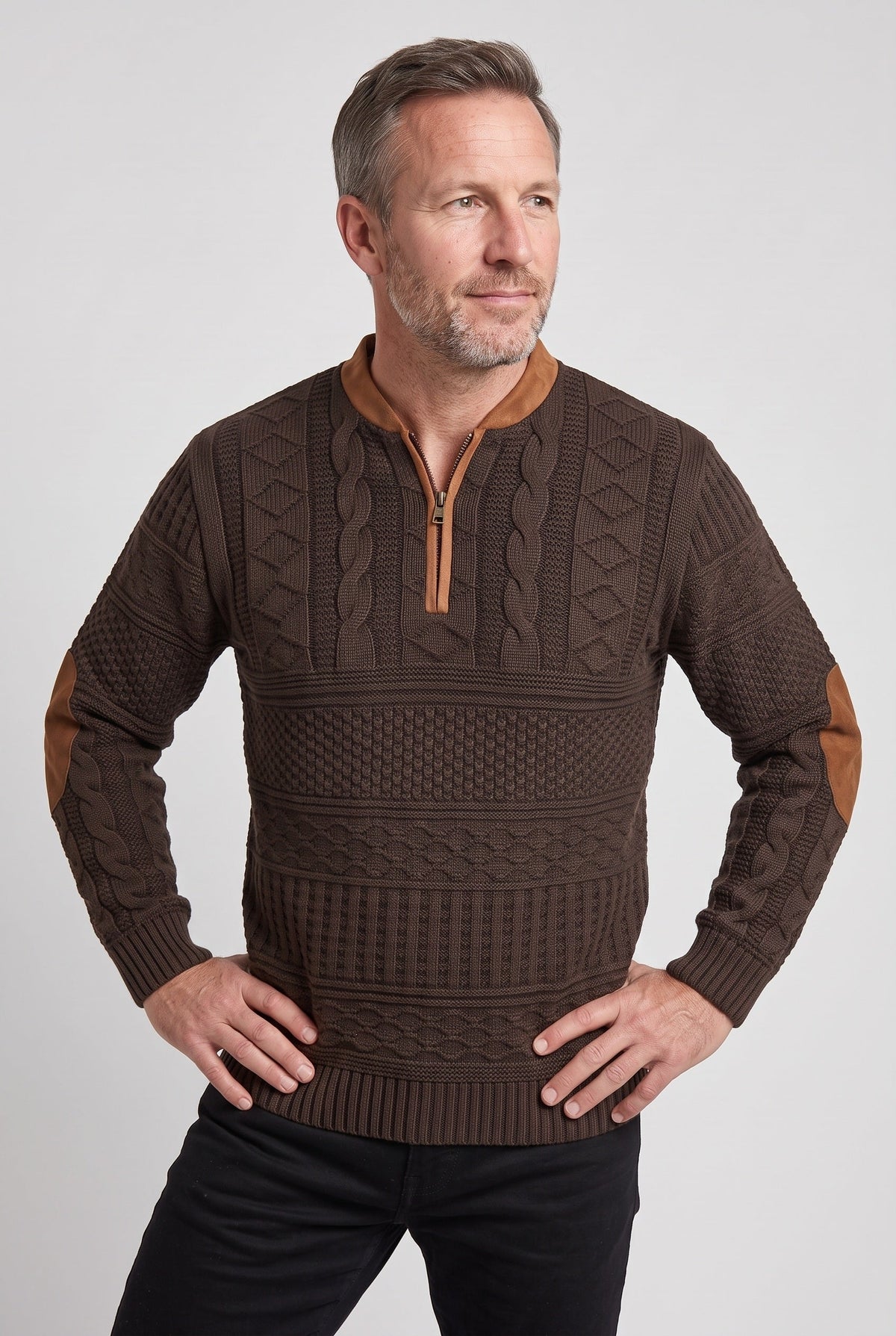 Classic Cable Knit Quarter Zip Sweater with Elbow Patches