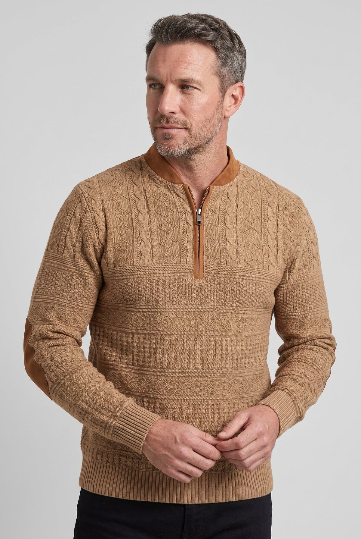 Classic Cable Knit Quarter Zip Sweater with Elbow Patches