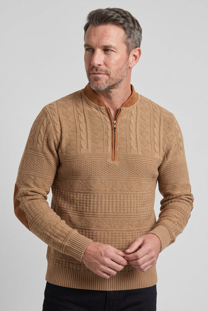 Classic Cable Knit Quarter Zip Sweater with Elbow Patches