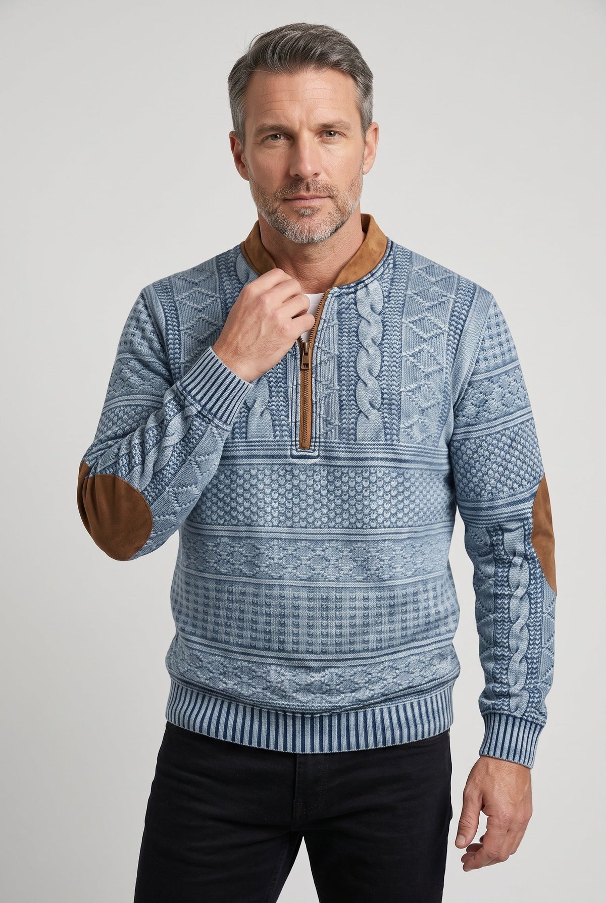Classic Cable Knit Quarter Zip Sweater with Elbow Patches