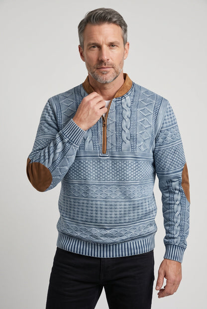 Classic Cable Knit Quarter Zip Sweater with Elbow Patches