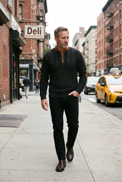 Classic Cable Knit Quarter Zip Sweater with Elbow Patches
