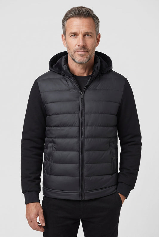 Classic Quilted Jacket with Knit Sleeves and Detachable Hood