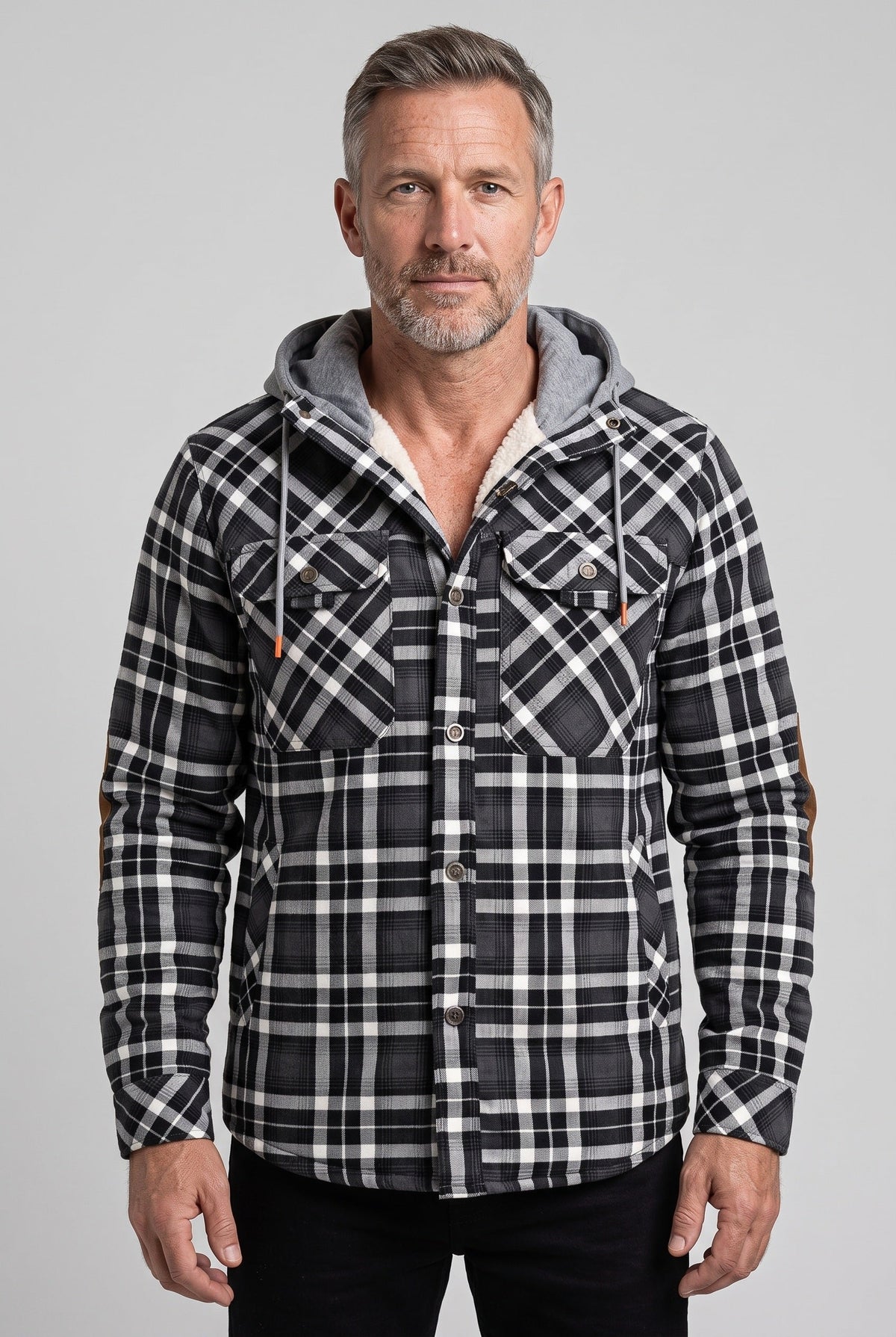 Casual Jersey Sherpa Jacket with Hood and Elbow Patches