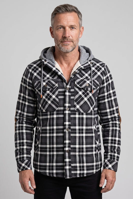 Casual Jersey Sherpa Jacket with Hood and Elbow Patches