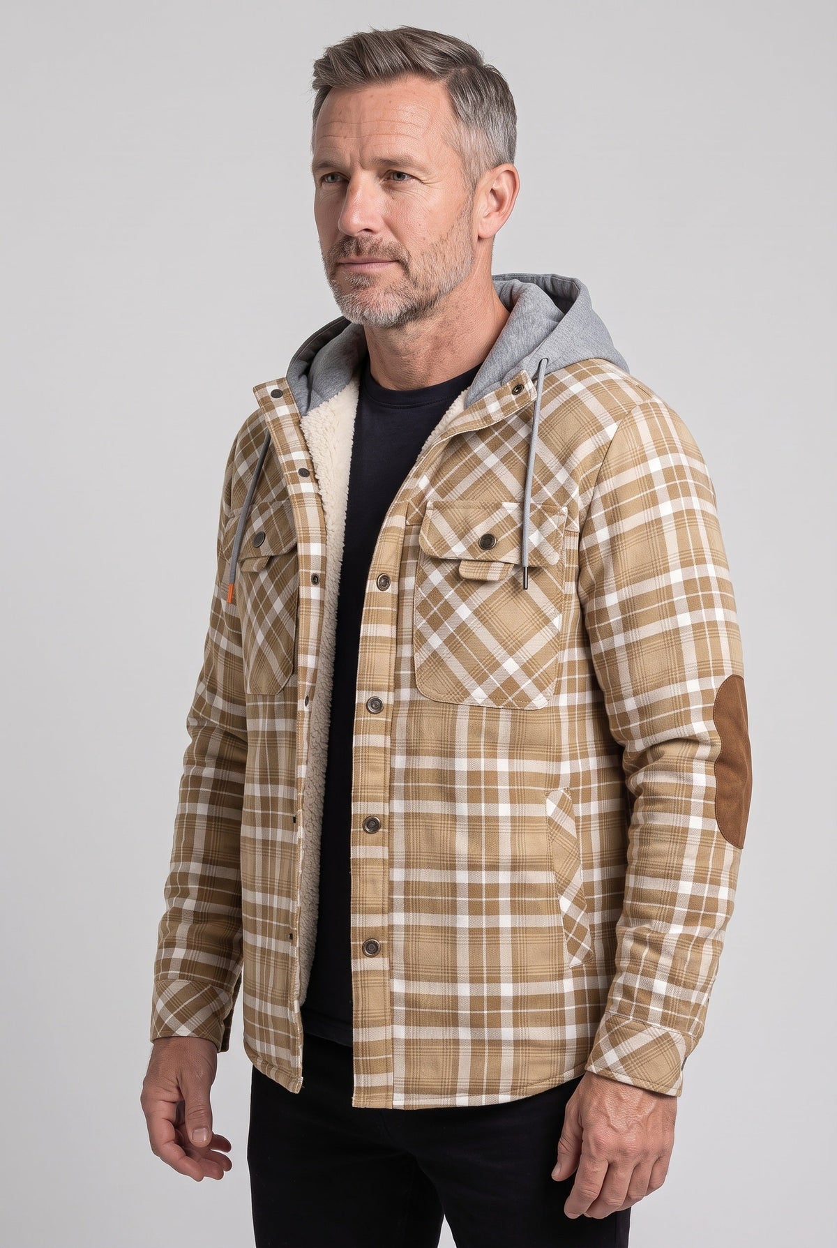 Casual Jersey Sherpa Jacket with Hood and Elbow Patches
