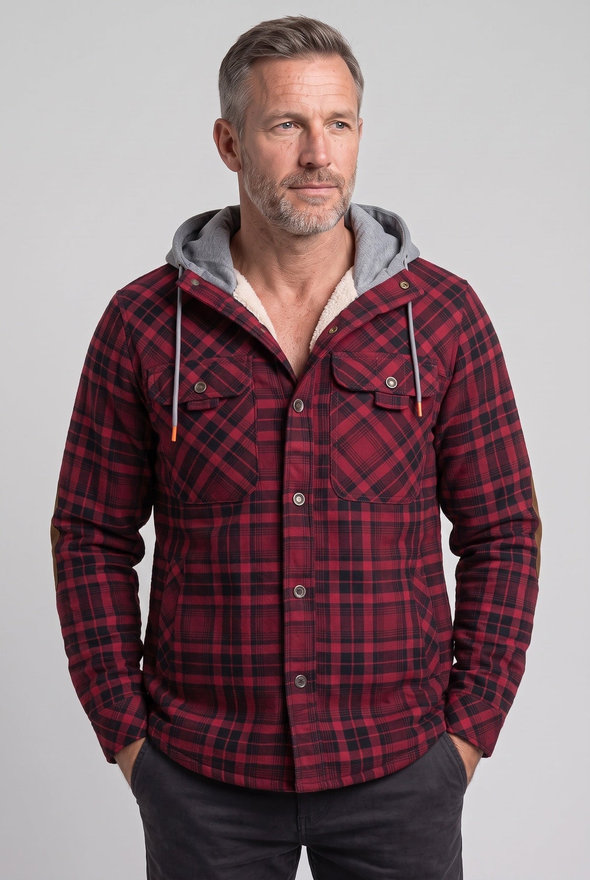Casual Jersey Sherpa Jacket with Hood and Elbow Patches
