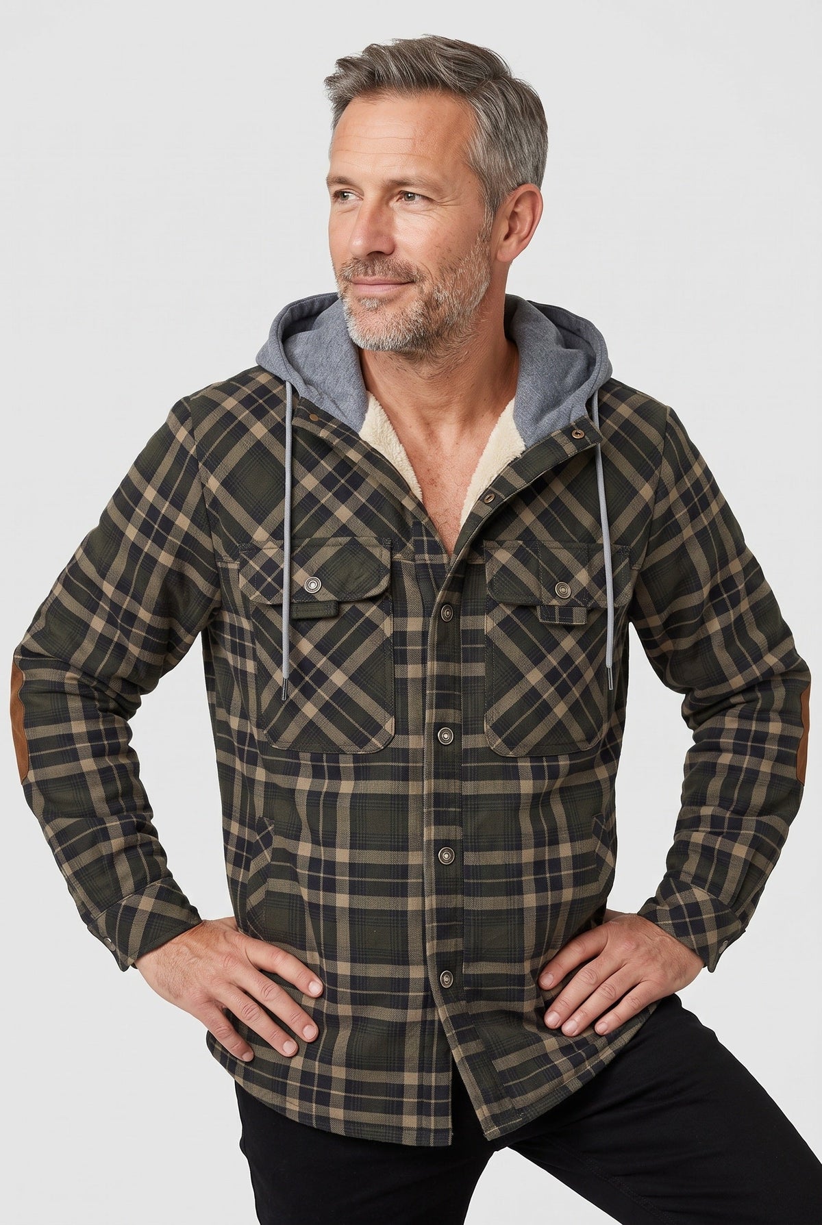 Casual Jersey Sherpa Jacket with Hood and Elbow Patches