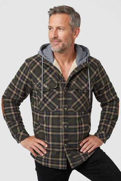 Casual Jersey Sherpa Jacket with Hood and Elbow Patches