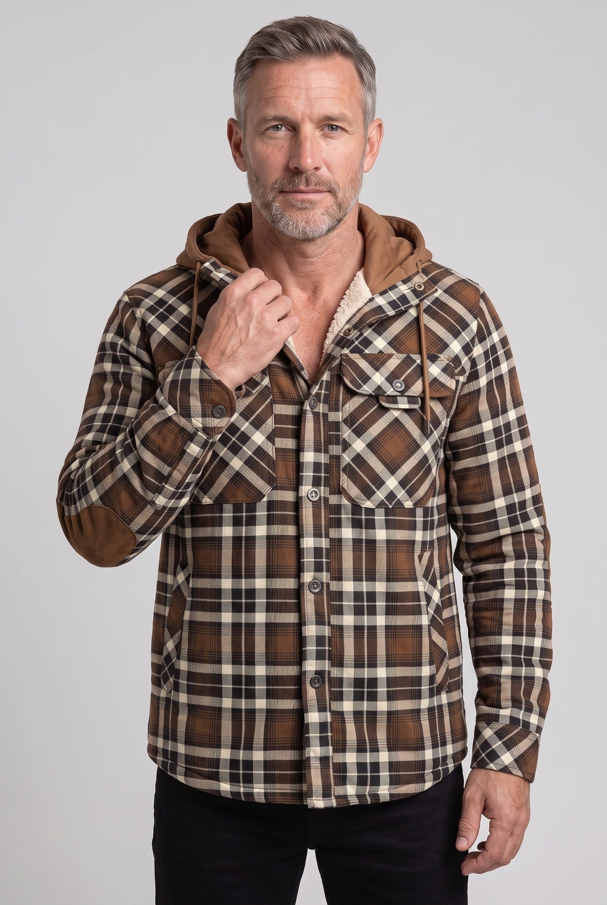 Casual Jersey Sherpa Jacket with Hood and Elbow Patches