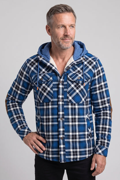 Casual Jersey Sherpa Jacket with Hood and Elbow Patches