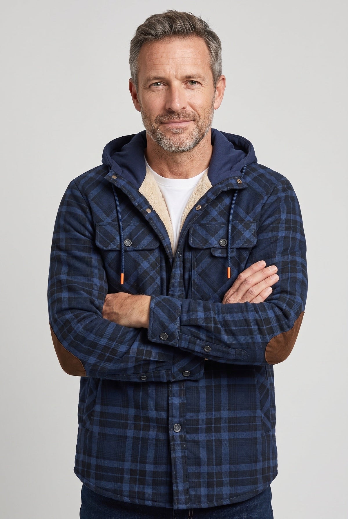 Casual Jersey Sherpa Jacket with Hood and Elbow Patches