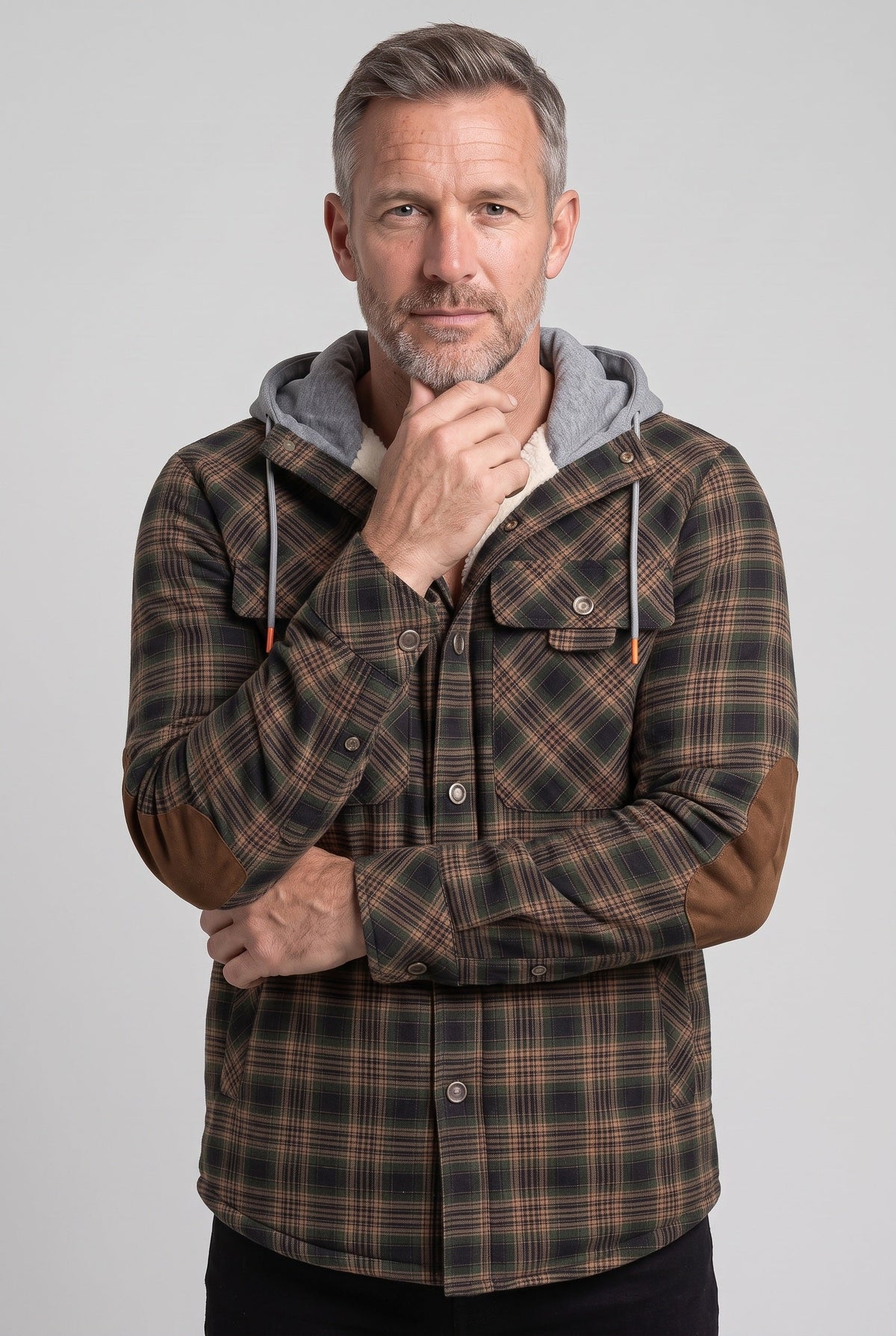 Casual Jersey Sherpa Jacket with Hood and Elbow Patches