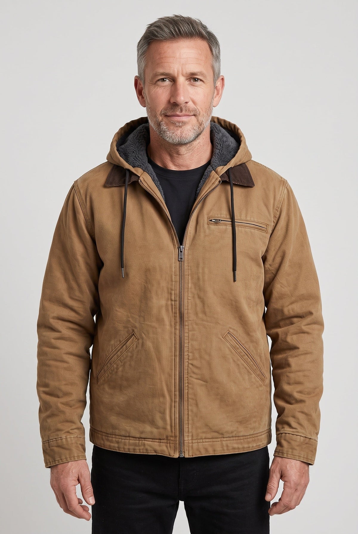 Casual Hooded Zip Front Jacket with Corduroy Collar for Winter